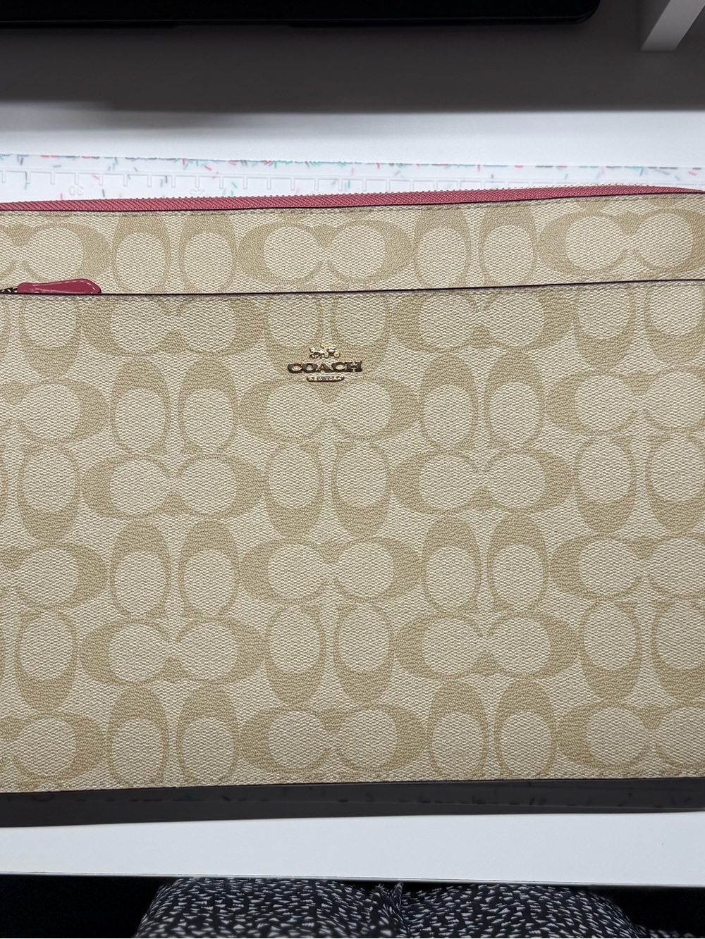 Coach Beige Signature Pouch with Pink Trim and Gold Logo